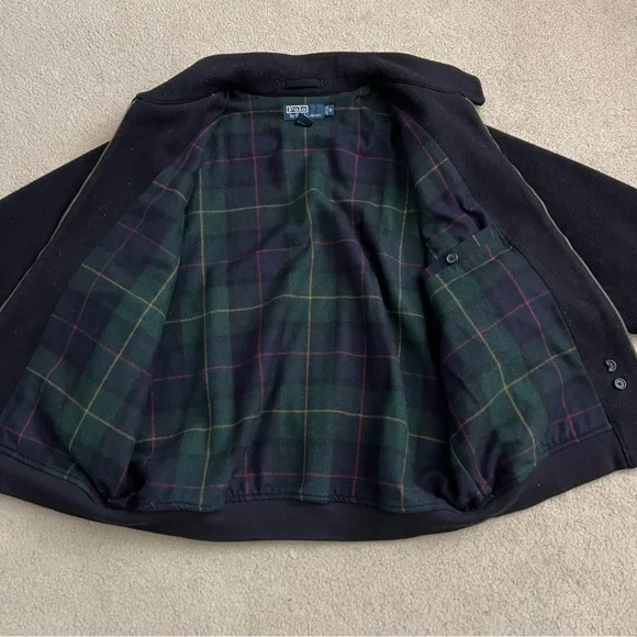 Vintage 90s Polo Ralph Lauren Navy Wool Bomber Jacket Plaid Interior / Hong Kong
